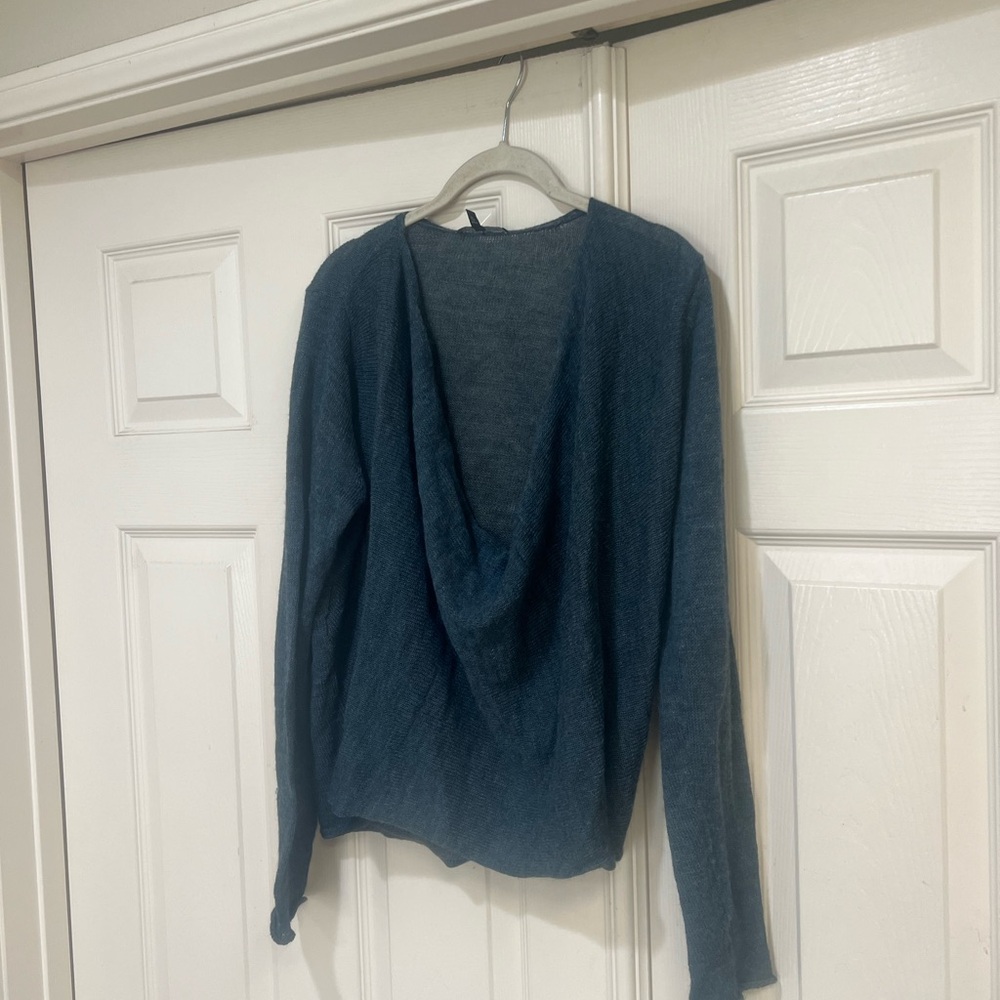 Eileen Fisher Blue Teal Alpaca Wool Cowl Neck Sweater Petite large lightweight - Picture 2 of 10